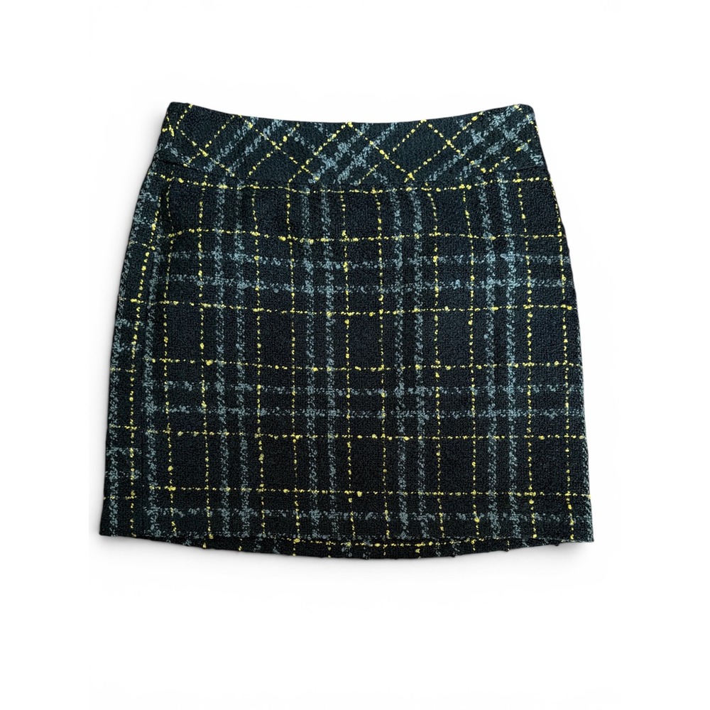 Ann Taylor LOFT Black Yellow Plaid Boucle‎ Tweed Mini Skirt Lined Size 6